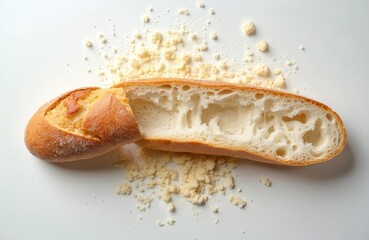 Freshly baked bread cut open with crumbs on white background. Rustic crust, airy crumb, perfect for breakfast, deli, or bakery. Artisan food, delicious gourmet snack. Wheat, dough, culinary delight.