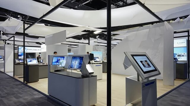 Company stands at the technology congress or fair.
