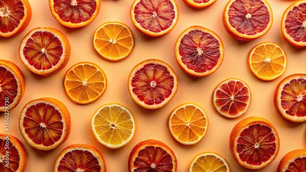 Poster Vibrant citrus fruit slices arranged in a visually appealing pattern on a pale orange background