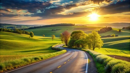 Obraz premium Serene Sunset Drive Through Rolling Green Hills and Lush Meadows