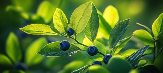  The vibrant, green leaves of a blueberry bush glowing softly under the early morning light, with a few berries. 