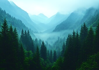 Fototapeta premium Misty Mountain Forest Valley.