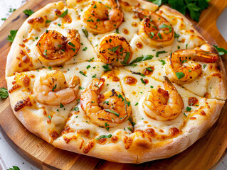 Top-Down View of an Exquisite Shrimp Alfredo Pizza Artfully Crafted on a Rustic Wooden Board Surrounded by Fresh Ingredients and an Inviting Atmosphere