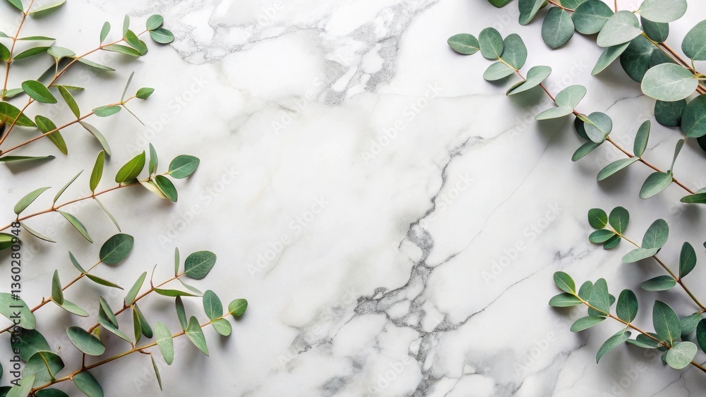 Aufkleber elegant greenery arranged on a marble surface with space for text