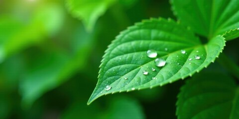 Close-up of Dewdrops on Vibrant Green Leaf, Nature's Gentle Kiss of Hydration