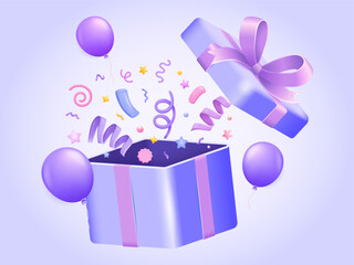 Colorful Confetti Burst with Sparkles and Glossy Elements. Three dimensional vector illustration for web, print, banner, landing page.