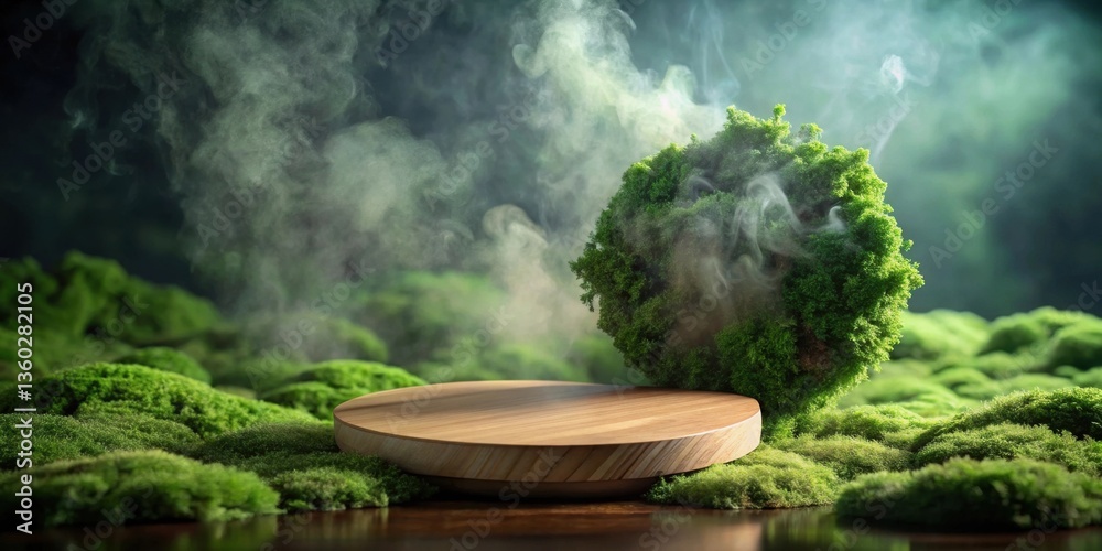 Aufkleber mystical forest scene with wooden display platform and lush moss