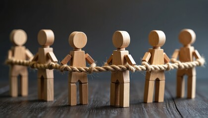 Obraz premium Group wooden figures hold rope, dark background. Teamwork, unity concept. Cooperation, partnership, support, community. Represents strength, connection, collaboration, business success, solidarity.