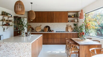 A modern open-concept kitchen with stylish wooden cabinets, terrazzo countertops, and subtle pendant lighting.