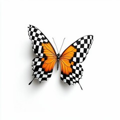 Naklejka premium An orange butterfly displays checkered black and white wings against a pristine white backdrop.