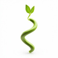 A bright green sprout coils upwards, revealing two vibrant leaves against a clean white background.