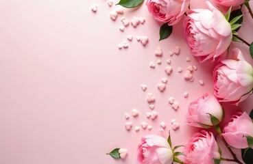 Top view of pink peony roses, heart-shaped sprinkles on pastel pink background. Floral design, celebration, greeting card, holiday concept. Blank space for text, perfect for fashion, beauty, love,