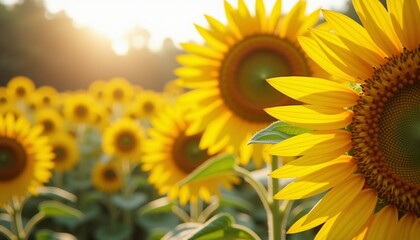 Obraz premium Sunflower field in golden sunlight during summer