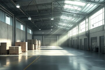 Obraz premium Warehouse Interior with Pallets Boxes and Bright Sunlight Streaming in