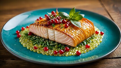 Gourmet salmon fillet dish with cranberry sauce and green beans, beautifully presented on a teal plate.