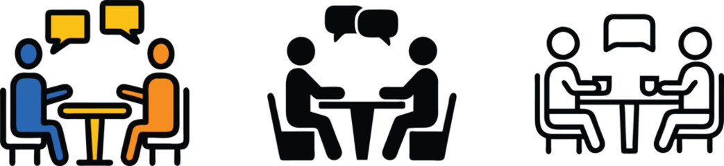 Communication, Collaboration, Meeting, Discussion, Teamwork, Icons, People, Table, Chairs, Dialogue