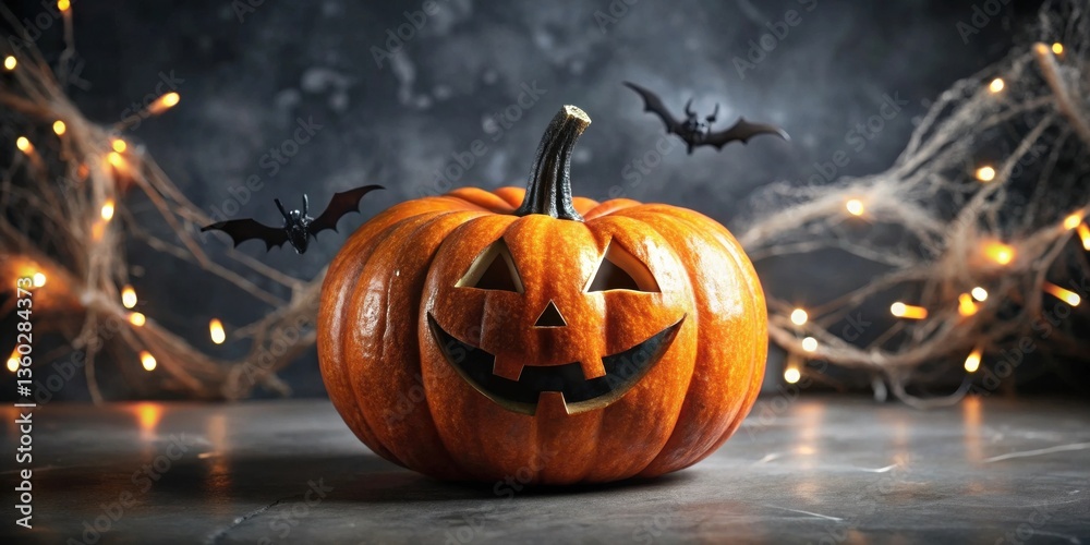 Poster smiling jack-o'-lantern with spooky bats and glowing lights on a dark background for autumn holidays