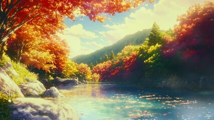 Serene autumnal landscape vibrant foliage reflected in calm river, surrounded by rocks and lush greenery under a partly cloudy sky, Seamless looping time lapse animation video background, art.