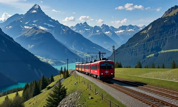 Swiss Alpine Railway, Train Running In The Alps, Beautiful Mountains With Train, Swiss Tourism Concept And Swiss Transport Infrastructure. 4k video