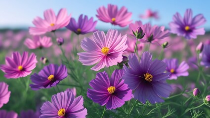 Fototapeta premium Sunny day view of vibrant cosmos flowers, their petals open wide, surrounded by lush green foliage and a blue sky