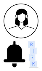 Woman profile in minimal circle frame, bell icon for alerts and notifications, and stacked RISK blocks. Ideal for user alerts, risk management, security, decision-making, notifications, business