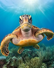 Obraz premium Underwater Sea Turtle Closeup, Coral Reef Habitat