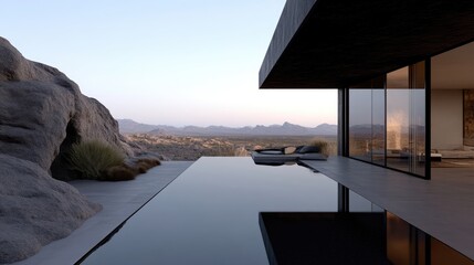 Fototapeta premium Modern minimalist house with infinity pool overlooking desert landscape