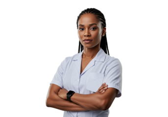 Professional female doctor with arms crossed confidently stands against a stark transparent background This image is suitable for medical and healthcare.