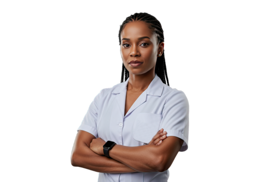 Professional female doctor with arms crossed confidently stands against a stark transparent background This image is suitable for medical and healthcare.