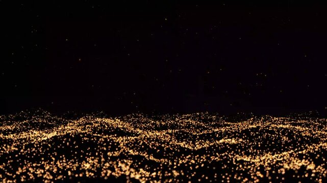 Futuristic gold particle wave. 4K Abstract gold motion background. data transfer particle effect. a sea of glowing neon particles pulse and wave across the screen.
