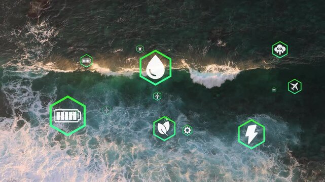 Digital Globe Concept Ecological Green Energy Icons Earth Spinning On Real ocean background. 4K.