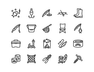 Fishing Vector Icon Set | Adjustable Line Weight | Fish, hook, bait, rod, tackle, fishing net, boots, bucket, catch, fisherman gear, outdoor activity, angling equipment icons