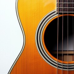 Obraz premium Acoustic guitar close-up showcasing its wooden body, sound hole, and strings with golden hue.