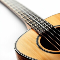 Obraz premium Acoustic guitar close-up highlighting intricate wood grain and strings, set against a clean white background.