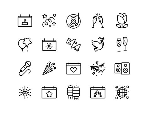 Event Planning Vector Icon Set | Adjustable Line Weight | Celebration, party, calendar, confetti, balloons, music, champagne, decoration, microphone, festival, event organizer, special occasion icons