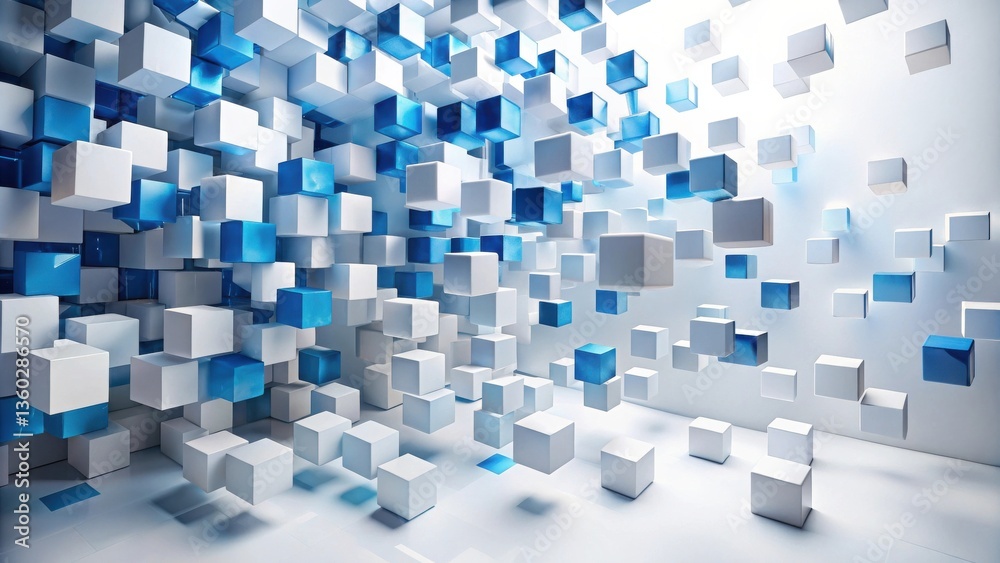 Poster Abstract 3D rendering of dynamic white and blue cubes in motion, creating a sense of depth and energy