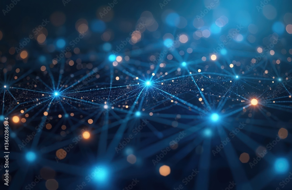 Fototapete Abstract tech background. Connecting dots, lines form network concept. Digital abstract background with binary code flowing through network of interconnected nodes. AI generated modern design.