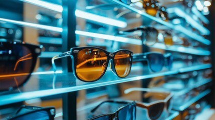 eyewear retail store fashionable, sunglasses on glass shelves,Collection includes modern, elegant, casual, sporty sunglasses, goggles, generative ai