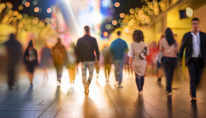 Personas variadas caminando con desenfoque de movimiento por por la noche una calle de ciudad  iluminada con ambiente cálido