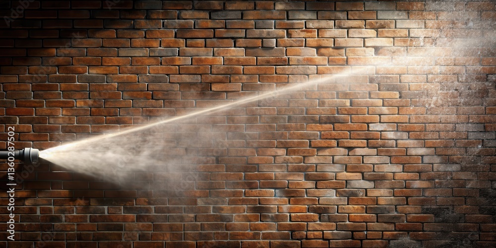 Poster a beam of light and mist emanating from a pipe against a textured brick wall