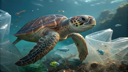 Obraz premium Species Crisis Mitigation. A green sea turtle glides through a polluted ocean, surrounded by plastic debris and small fish, highlighting the impact of environmental pollution.