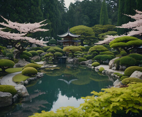 Fototapeta premium Serene Japanese garden with a tranquil pond surrounded by carefully manicured trees, shrubs, and stones along with several cherry blossom trees with pale pink flowers greenery.
