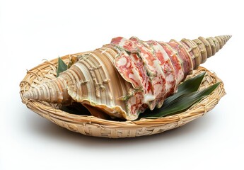 Obraz premium Stunning ornate sea shell displayed on woven basket with green leaves showcasing natural coastal beauty and marine wonders for decorative purposes