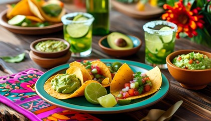 Fototapeta premium Festive Mexican dining table with tacos fajitas guacamole margaritas