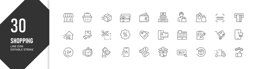 30 Shopping and e-commerce icon set in editable stroke style for UI/UX, website, and mobile app design