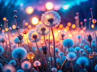 Dreamy Pastel Pink & Blue Flower Seeds Backlit at Sunset - Magical Night Photography