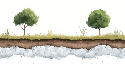 A watercolor illustration depicting a cross-section of a grassland. The image shows two small deciduous trees on a grassy area, with the soil and a layer of subsoil visibly exposed beneath. The