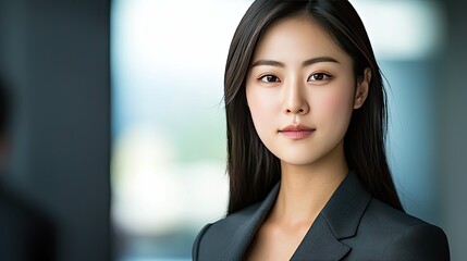 Naklejka premium A professional ID photo of a young Korean woman with sleek straight hair, looking directly at the camera.