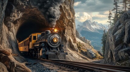 Naklejka premium Steam train exiting mountain tunnel, scenic backdrop, adventure travel