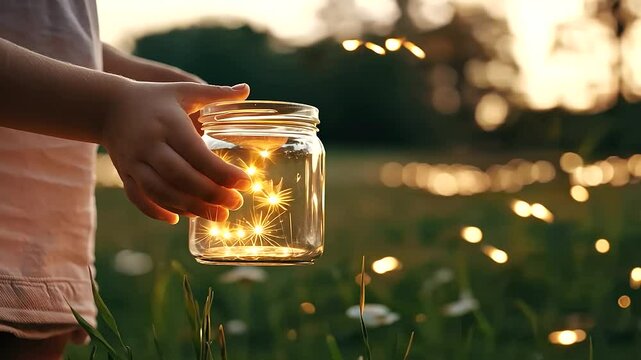 A child catching fireflies in a jar during summer vacation